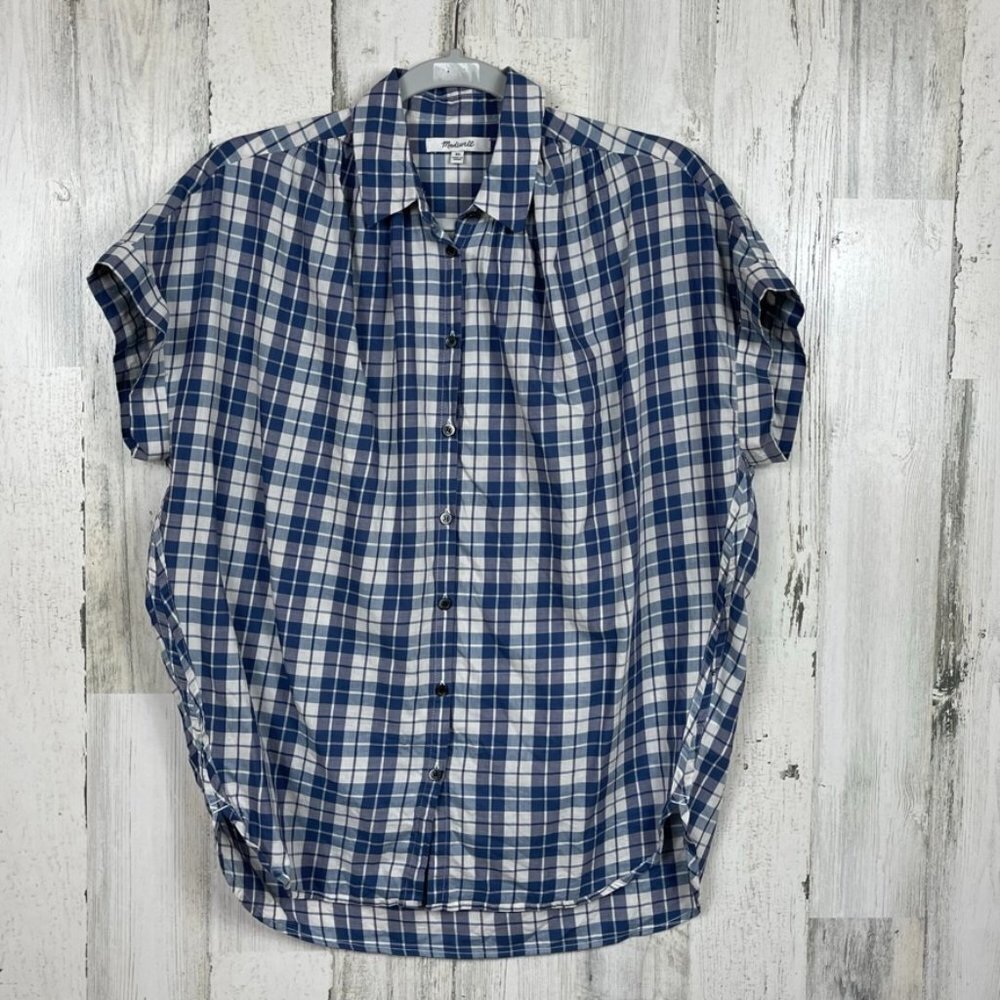 Madewell Linus Plaid button up shirt classic comfort blue white short sleeve XS